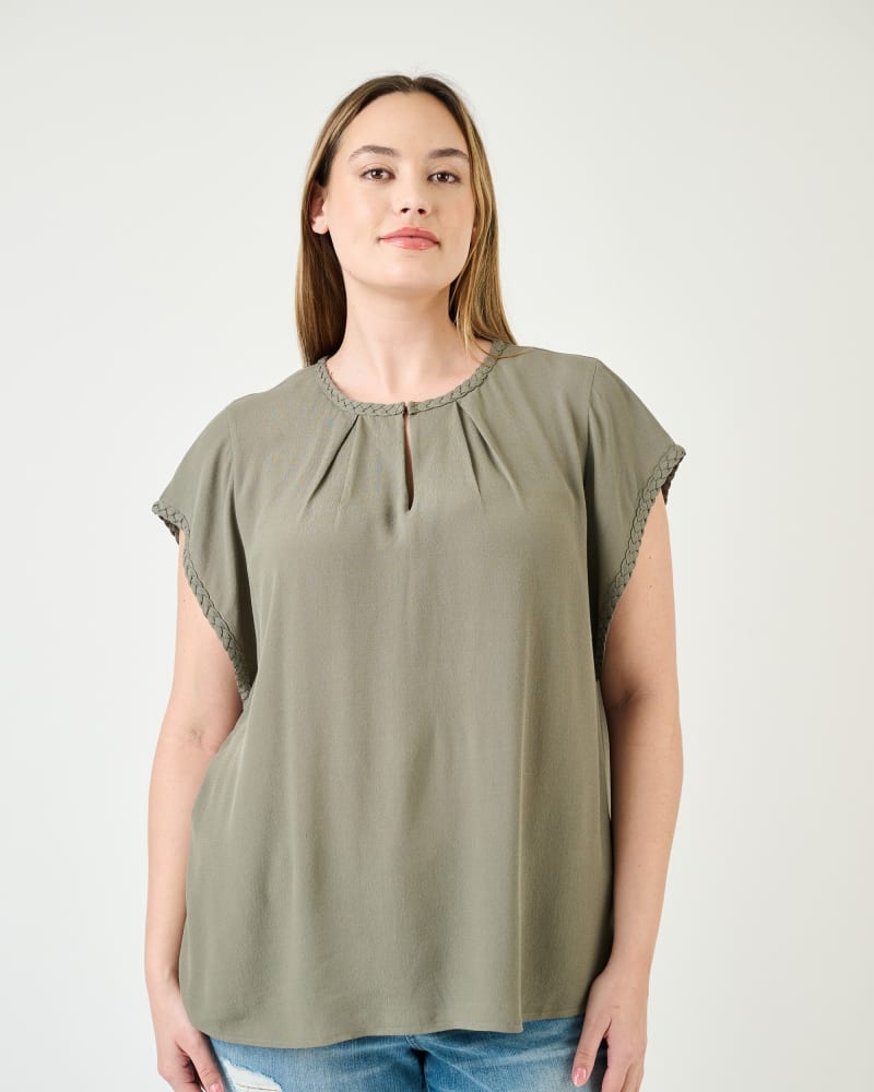 Front of a model wearing a size 3X Genesis Braided Cap Sleeve Top in Basil by Daniel Rainn. | dia_product_style_image_id:271921